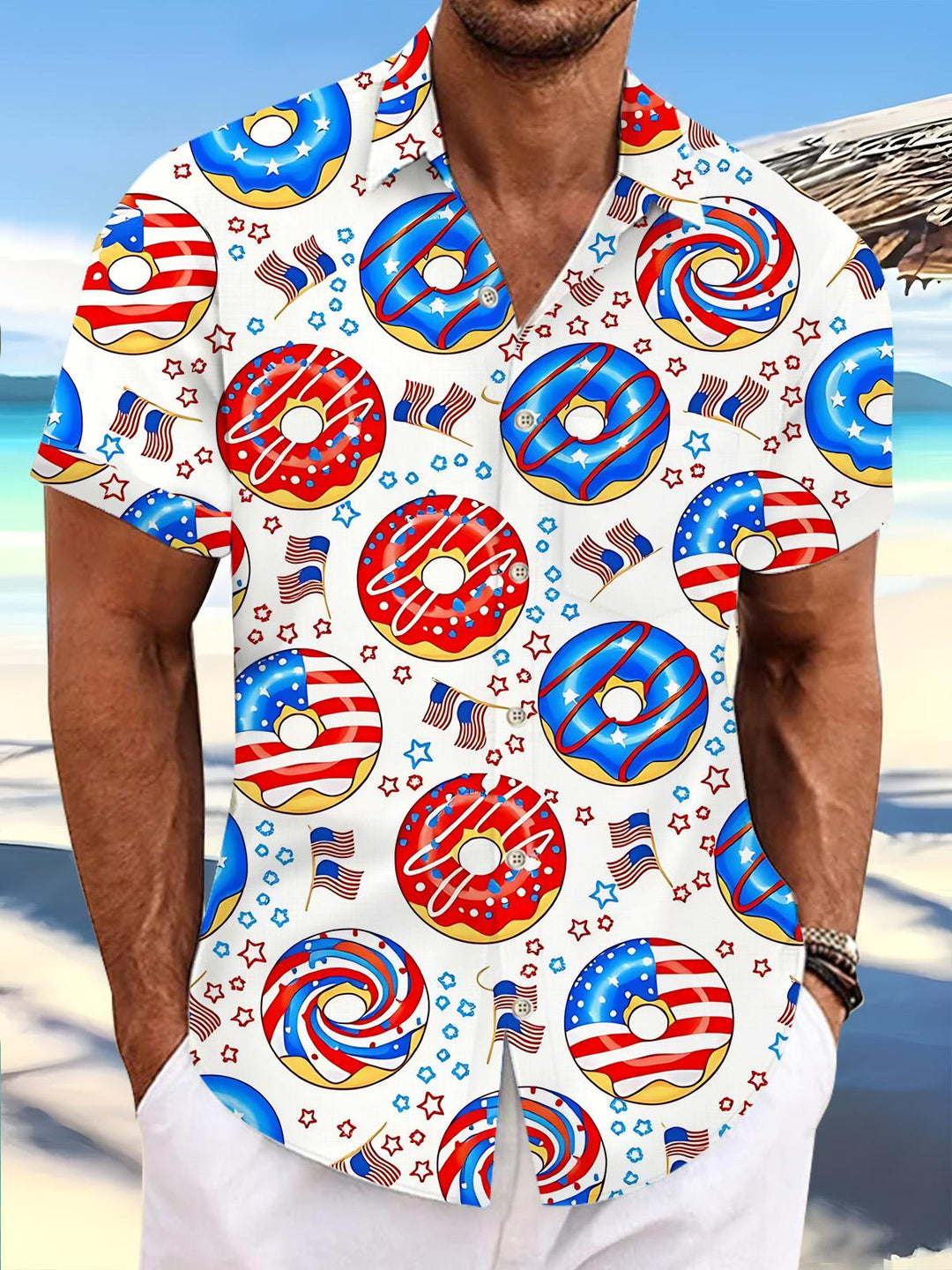 Independence Day American Flag Donut Print Men's Pocket Short Sleeve Shirts