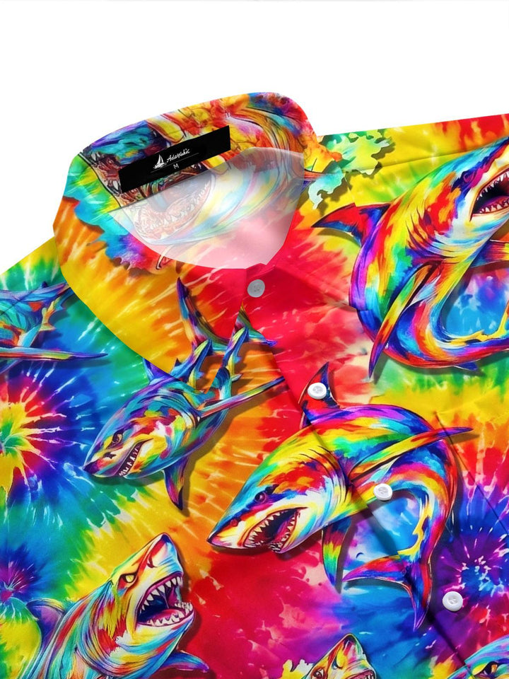 Colorful Shark Print Men's Pocket Short Sleeve Shirts