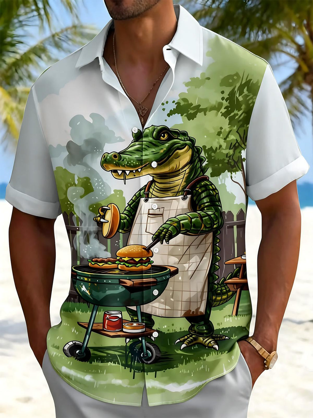 Crocodile Barbecue Print Men's Pocket Short Sleeve Shirts