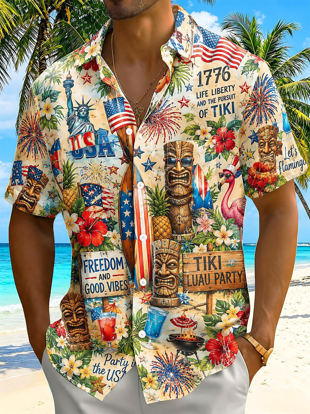 Fun Independence Day American Patriotic Tiki Mask Tropical Flower Flag Firework Men's Pocket Short Sleeve Shirts