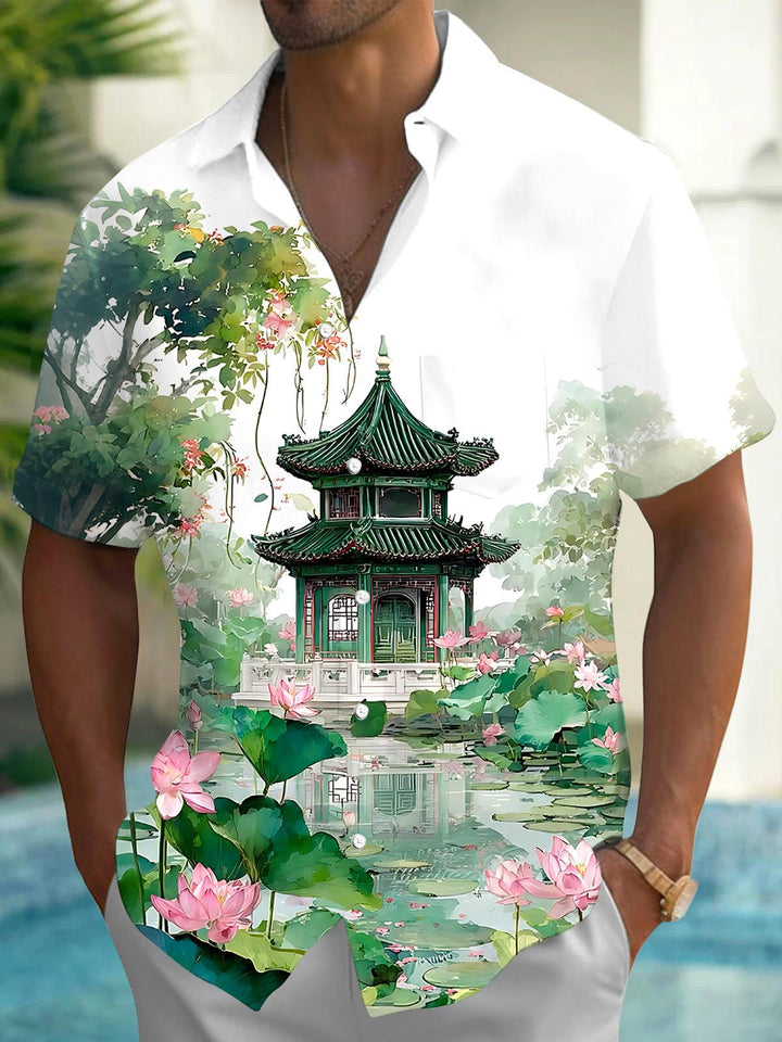 Courtyard Lotus Men's Pocket Short Sleeve Shirts