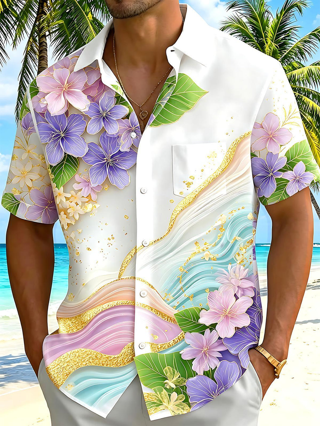 Art Gold Foil Gradient Purple Floral Hawaiian Men's Pocket Short Sleeve Shirts