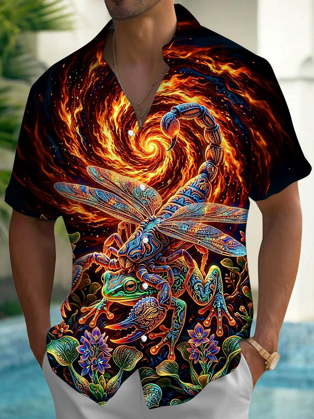 Dark Scorpion Frog Tribe Flame Pattern Men's Pocket Short Sleeve Shirts