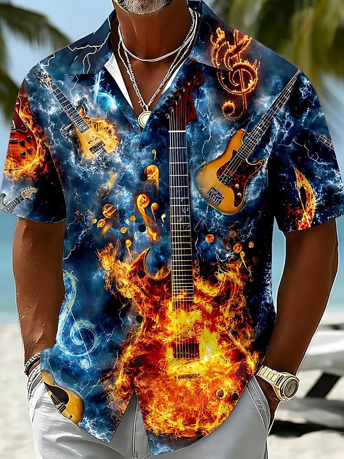 Musical Guitar Print Men's Pocket Short Sleeve Shirts