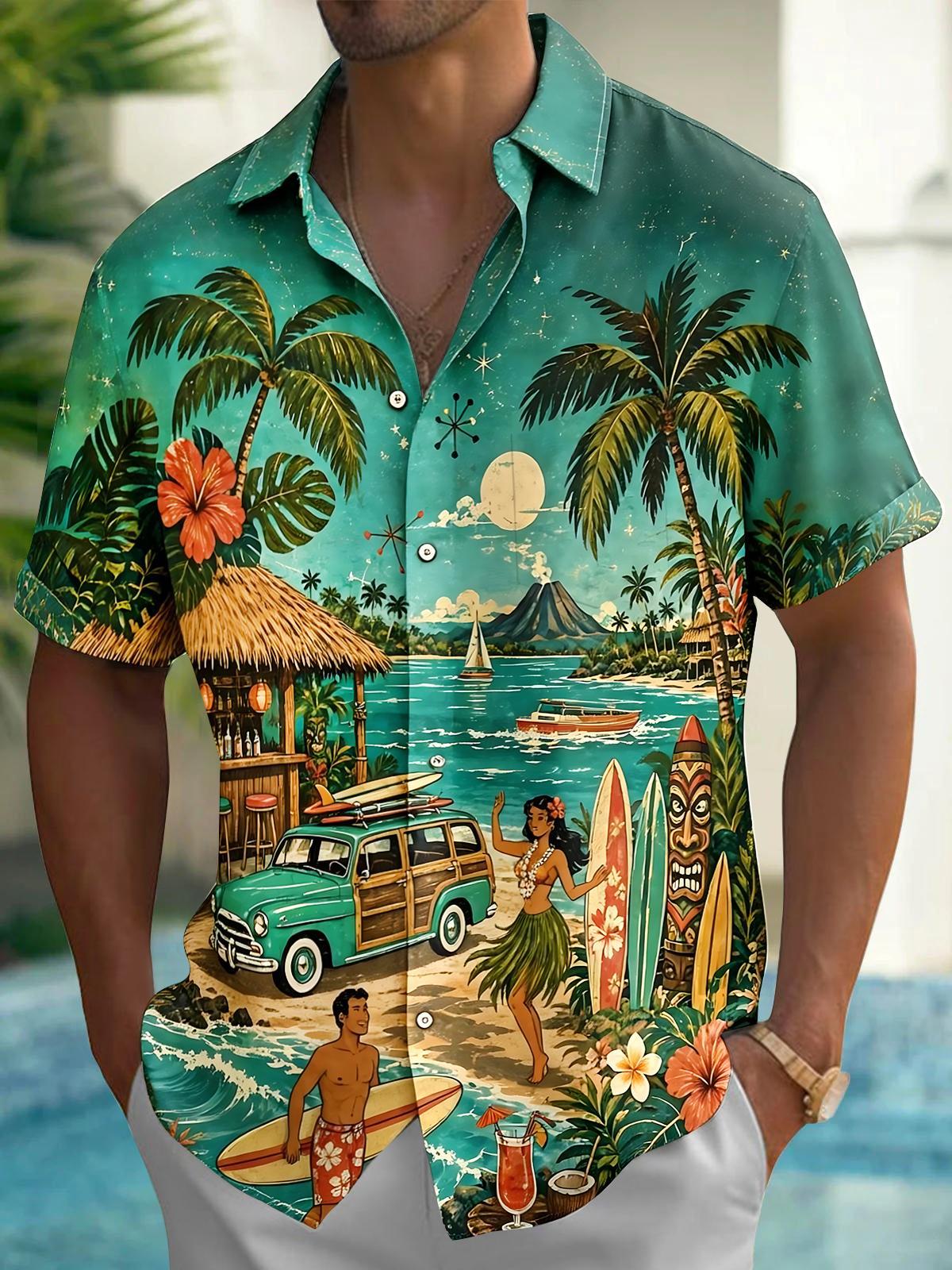 Hawaiian Coconut Tree Men's Pocket Short Sleeve Shirts