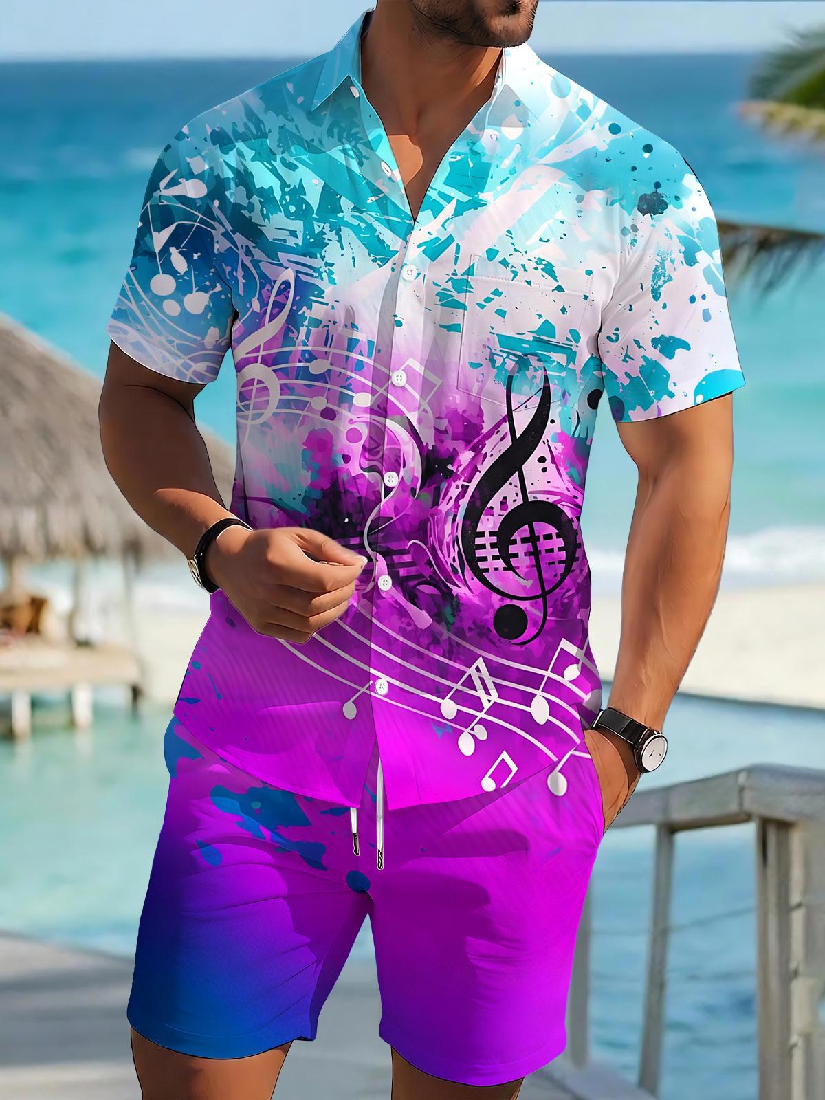 Musical Note Men's Short Sleeve Pocket Shirts And Shorts Set