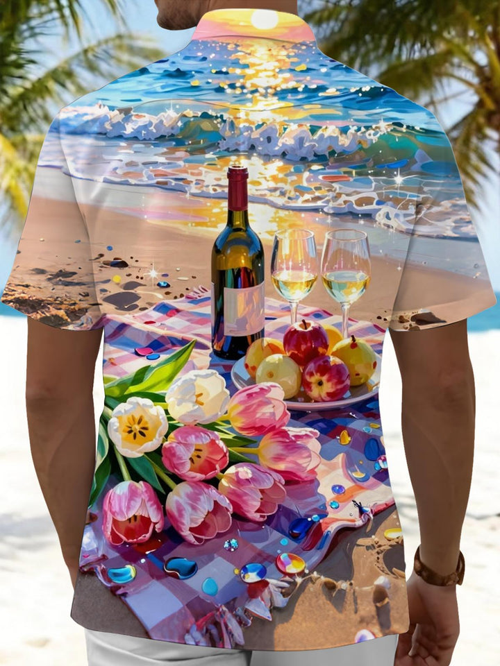 Seaside Beach Red Wine Tulip Print Men's Pocket Short Sleeve Shirts
