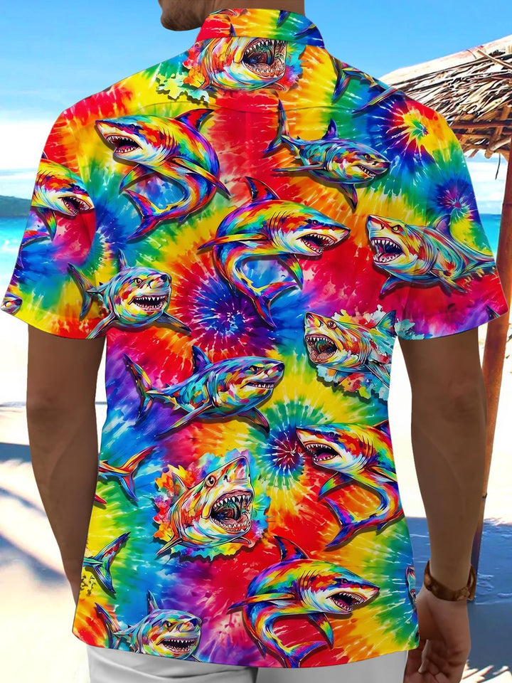 Colorful Shark Print Men's Pocket Short Sleeve Shirts