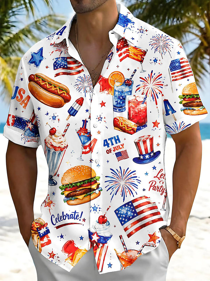American Independence Day Hot Dog Burger Cocktail Festival Men's Pocket Short Sleeve Shirts