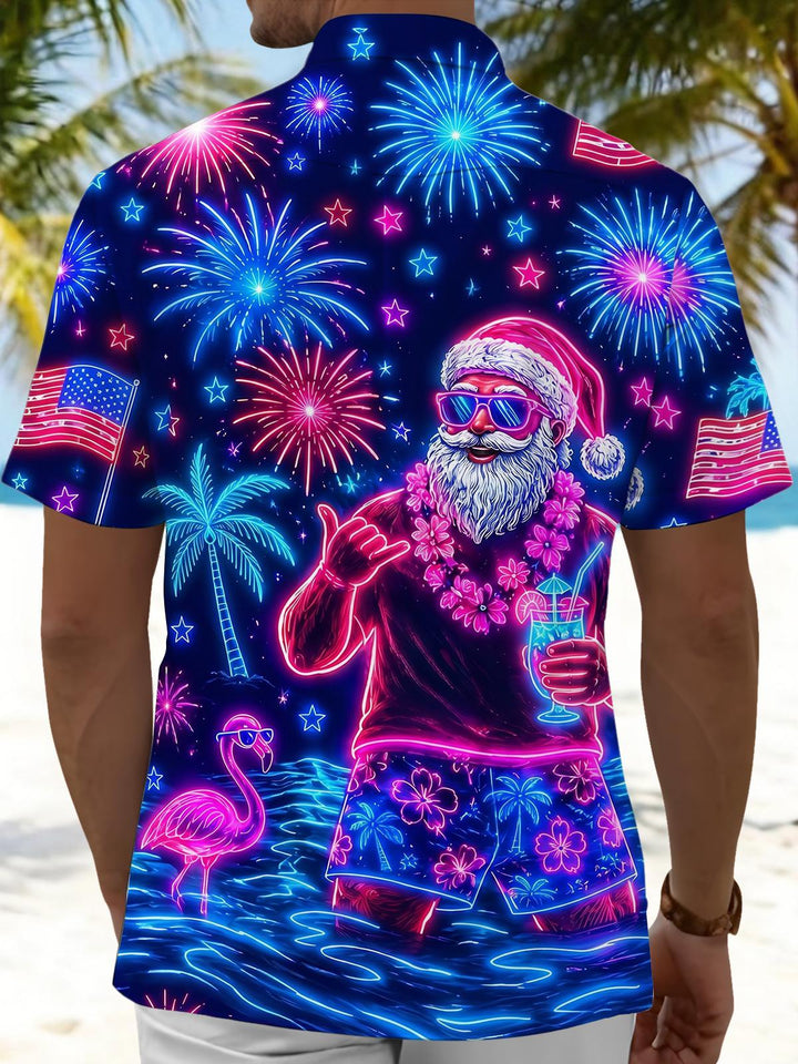 Hawaiian Neon Summer Christmas Flamingo & Palm Tree Men's Pocket Short Sleeve Shirts