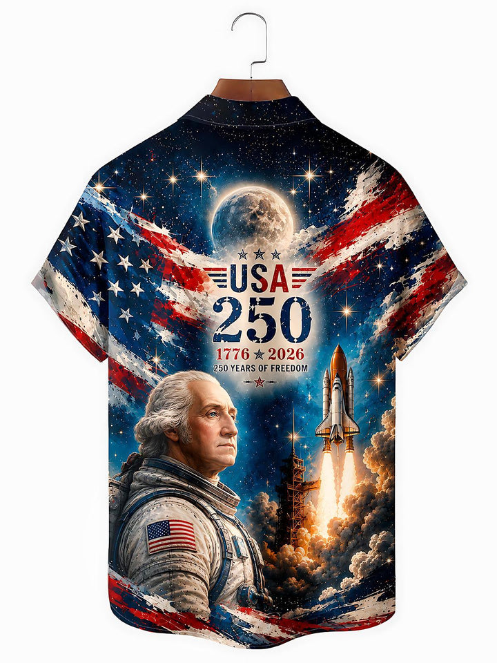 USA 250 Years Astronaut Rocket Men's Pocket Short Sleeve Shirts