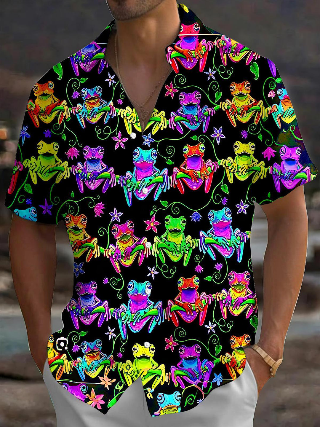 Colorful Rainforest Frog Flower Men's Pocket Short Sleeve Shirts