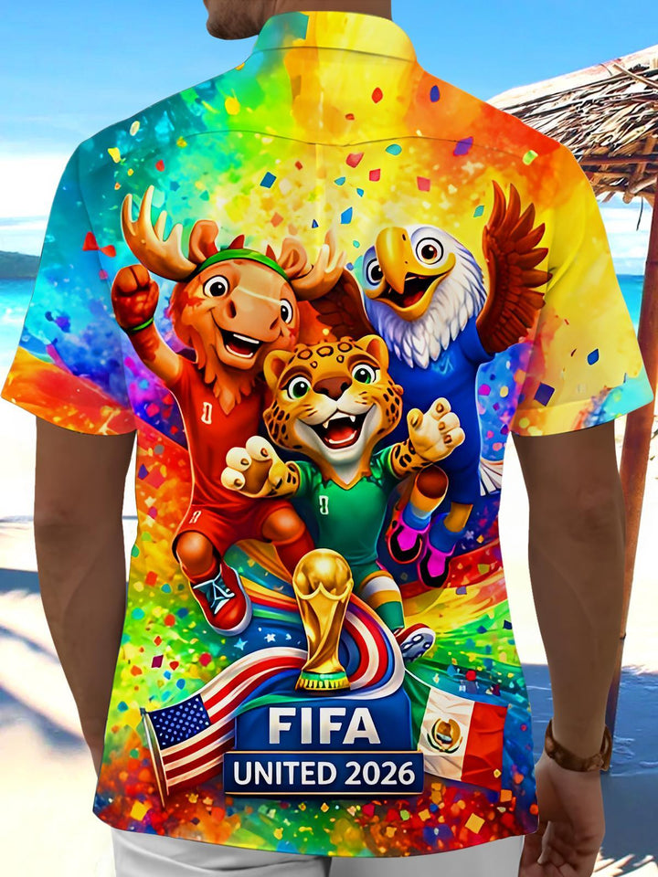 Colorful Tie Dye 2026 World Cup Mascot Football Sports Hawaiian Men's Pocket Short Sleeve Shirts